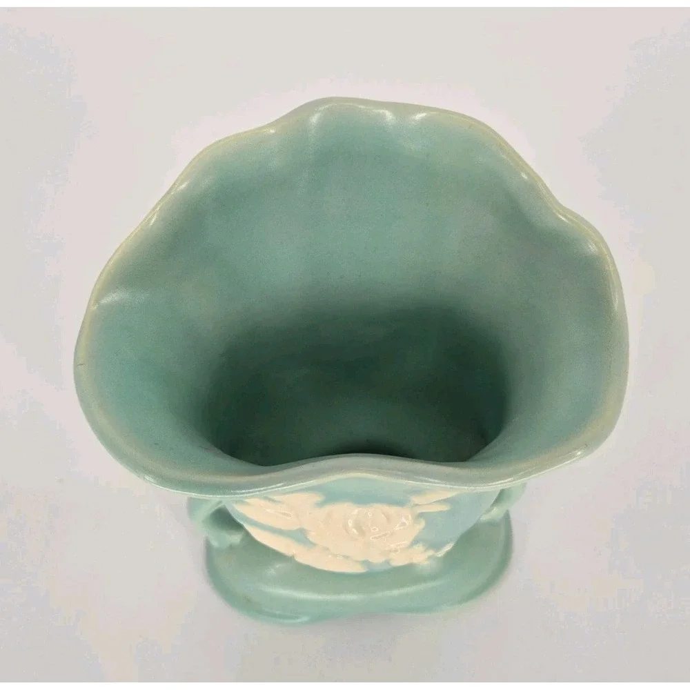 Vintage Weller Cameo Rose Vase Aqua Green White Floral Double Handle 7 In Deco